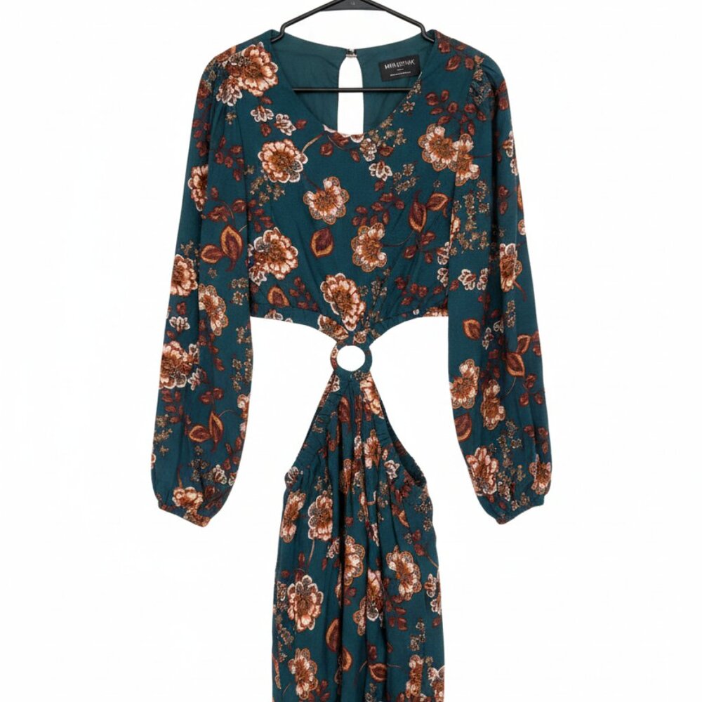 MINKPINK Emerald Floral Cutout Midi Dress Small - Puff Sleeve Boho Wedding Guest